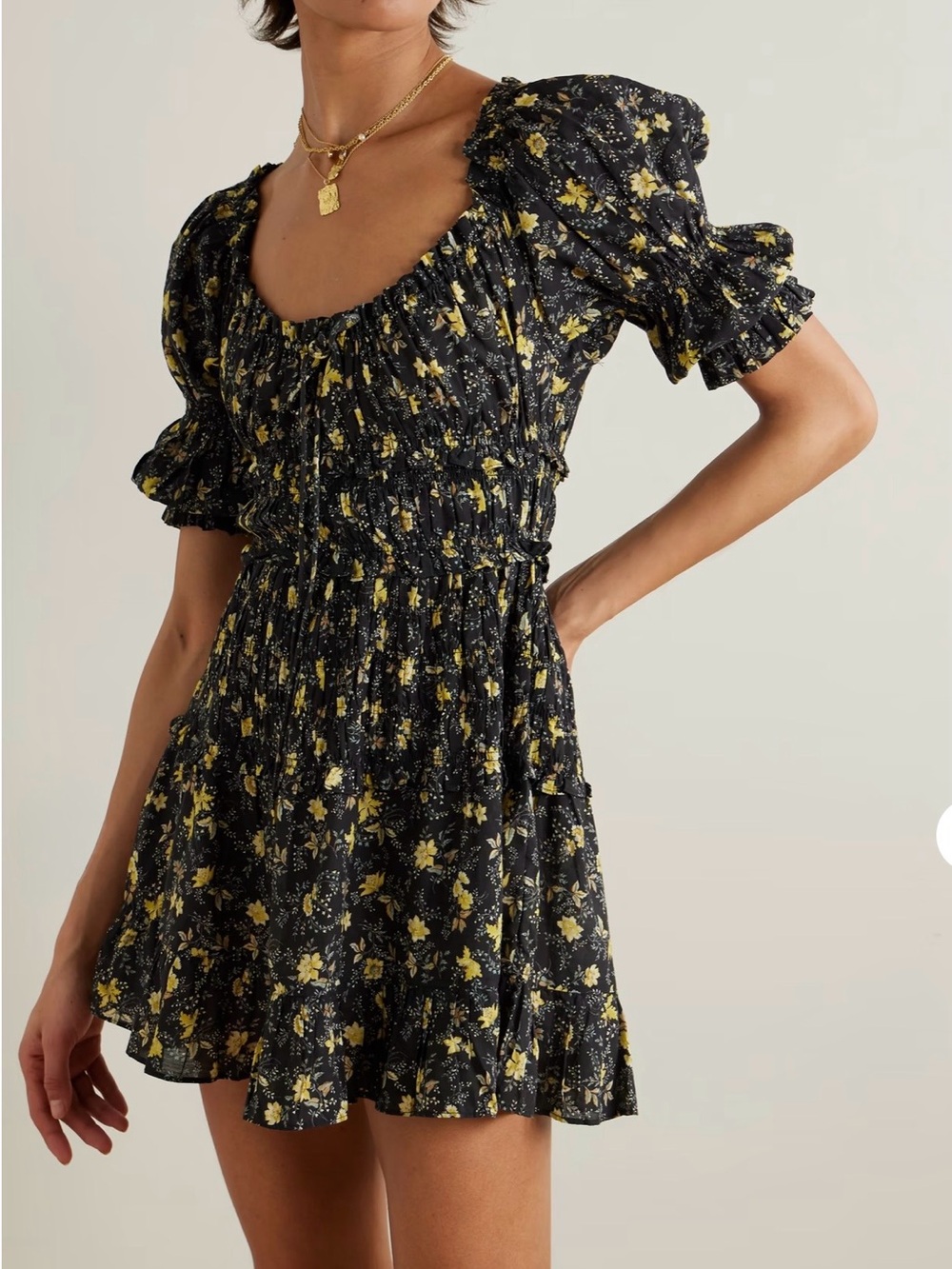 DÔEN Ismene Mini Dress Winding Blossoms Black Yellow Floral Cotton Voile L